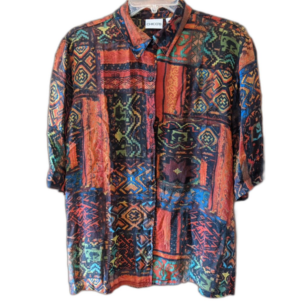 Sheer Silk Blouse Southwest Print Shirt Aztec Goblincore Grunge Sz L Vintage Y2K